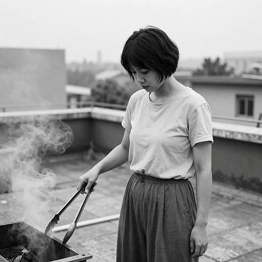 Focused Woman on Rooftop in Black-and-White