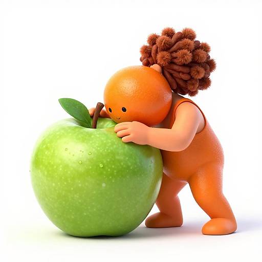 CGI image of an orange, bald, cartoon child with puffy brown hair hugging a large green apple with a single leaf.