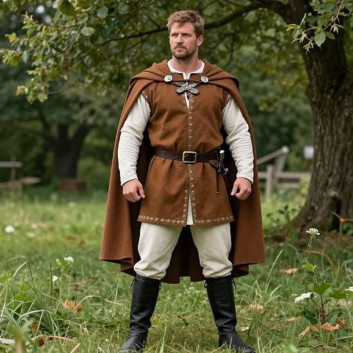 Photograph of a muscular, bearded man in medieval attire, standing in a grassy, wooded area. He wears a brown cape, white shirt