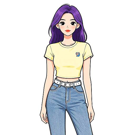 Digital anime-style drawing of a smiling woman with long purple hair, wearing a yellow t-shirt and blue jeans, standing against a white background.