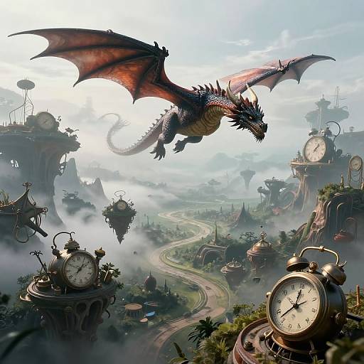 Digital fantasy artwork: A large, red and black dragon with outstretched wings flies over a misty, whimsical clock-filled landscape with winding paths