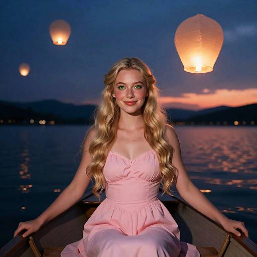 Cinematic Sunset Blonde in Rowboat with Lanterns
