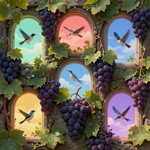 Digital painting of a vine-covered window with six arched panes, each showing vibrant skies (blue, pink, yellow). Five birds fly around clusters