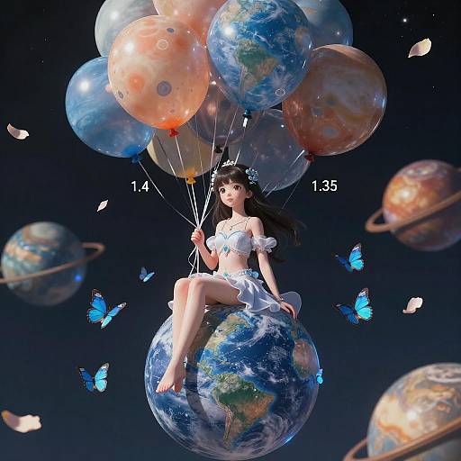 Whimsical Girl with Colorful Planet Balloons