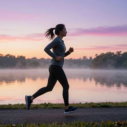 Photograph of a woman jogging in silhouette near a misty lake at sunrise, wearing a grey long-sleeve shirt and black leggings, with a