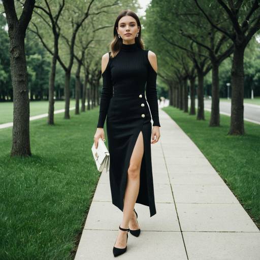 Elegant Woman in Black Dress Outdoors