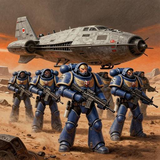 Digital artwork of four armored, blue-clad soldiers with rifles, standing in a desert under a hovering, battle-worn military aircraft.