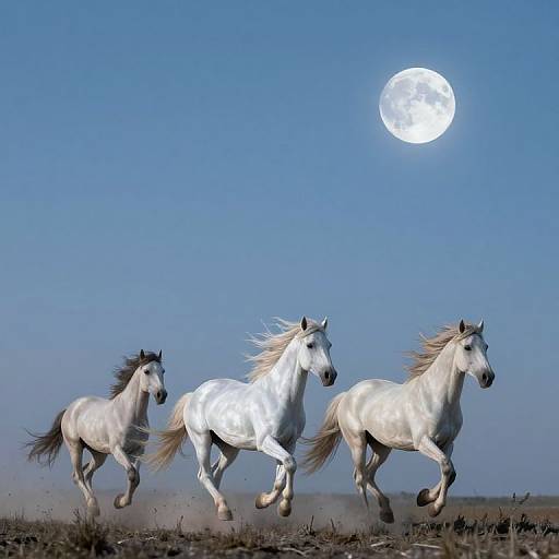 Photograph of three white horses galloping under a bright full moon in a clear blue sky over a barren landscape.