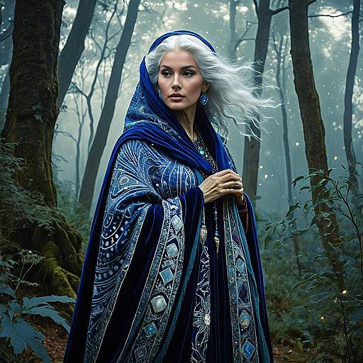 Celestial Priestess in Sapphire Velvet Cloak