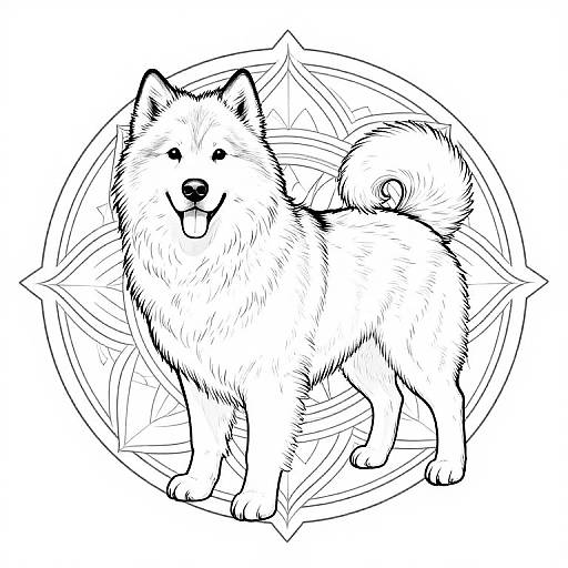 Black and white line drawing of a fluffy Shiba Inu with curled tail, standing on intricate geometric pattern background.