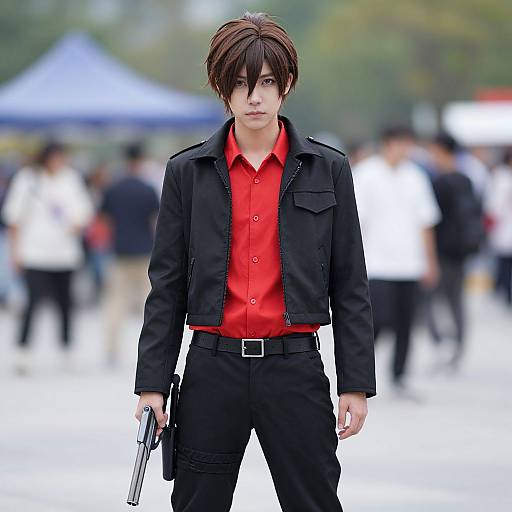 Photograph of a young man with dark brown hair, wearing a red shirt, black jacket, and black pants, holding a gun, standing in a