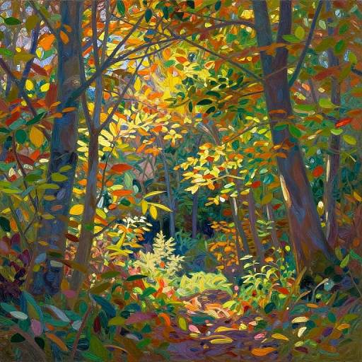 Vibrant digital painting of a sunlit forest in autumn, featuring colorful leaves in red, yellow, and green, with tall trees and a glowing