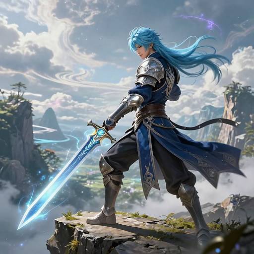 Digital fantasy art of a blue-haired warrior with glowing sword, standing on rocky cliff, wearing armor and robes, with dramatic sky and mountainous landscape in