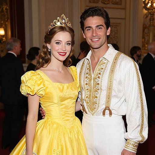 Photograph of a smiling couple at a formal event; woman in a yellow ball gown with tiara, man in white with gold trim.