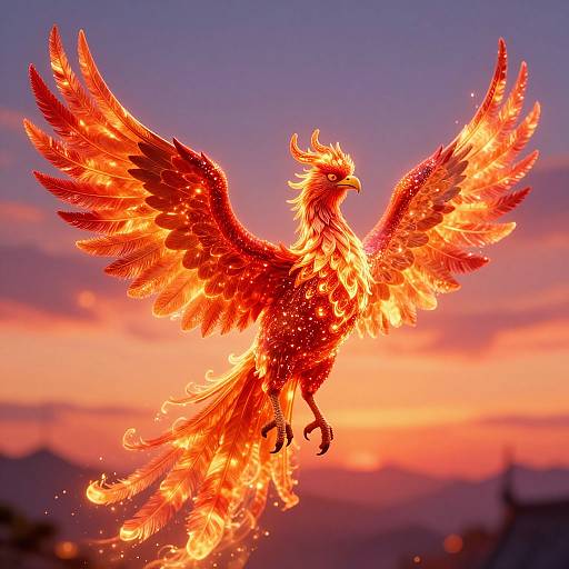 Photograph of a fiery, glowing phoenix with outstretched wings, set against a vibrant sunset sky with pink and purple hues.