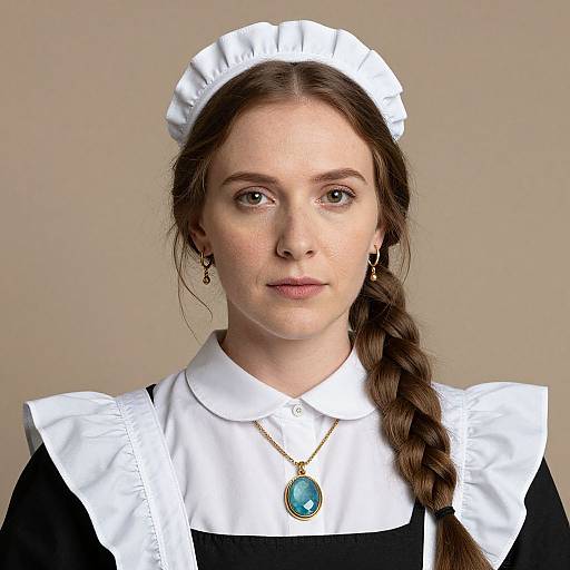 Photograph of a young white woman with brown hair in a braid, wearing a traditional black and white maid outfit, white headpiece, and gold