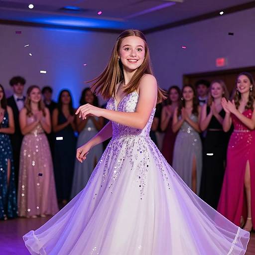 Photograph of a smiling young woman in a sparkling white ball gown, dancing on a dimly lit stage, surrounded by applauding women in colorful g