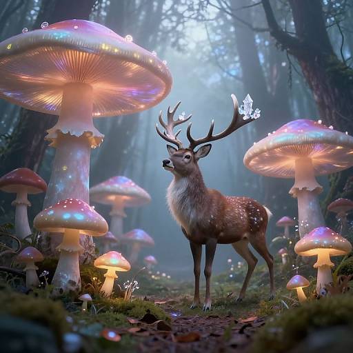 Fantastical forest scene: glowing mushrooms surround a majestic, antlered deer with ethereal light in a misty, magical woodland. Digital art