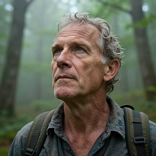 Photograph of a middle-aged, weathered man with gray, curly hair, blue eyes, and light stubble, wearing a worn, button-up