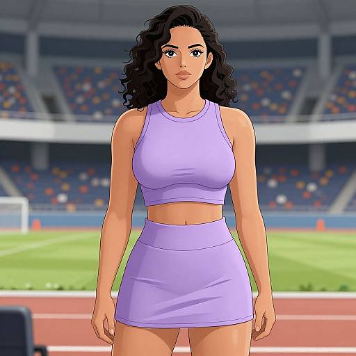 Digital illustration of a curvy, tan-skinned woman with black curly hair, wearing a lilac crop top and matching skirt, standing in a stadium