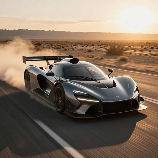 Photorealistic CGI of a sleek, black, high-performance sports car with a large rear spoiler speeding down a desert road at sunset, with dust trailing