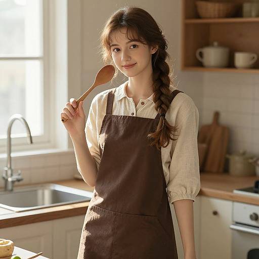 Cozy Kitchen Woman in Brown Apron