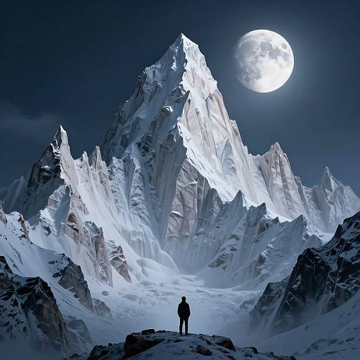 Photograph of a lone figure standing on a snowy mountain peak, facing a towering, illuminated, moonlit jagged mountain range under a night sky.