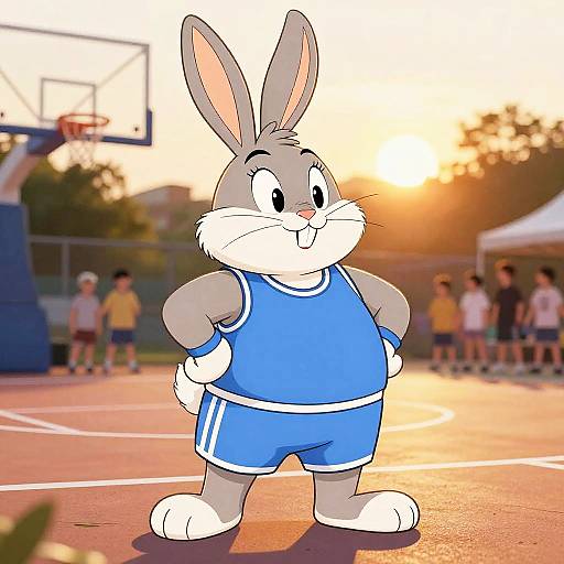 Cartoon grey rabbit in blue basketball uniform, standing confidently on outdoor court at sunset, background includes blurred people and basketball hoop.