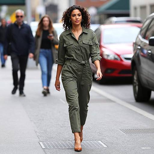 Confident Woman Walking in Olive Green Jumpsuit