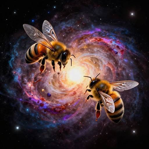Digital artwork of two honeybees with translucent wings, hovering above a vibrant, colorful spiral galaxy in a starry, dark space.