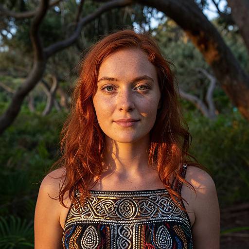 Photograph of a freckled, red-haired woman with wavy hair, wearing a patterned, sleeveless top, standing in a sunlit