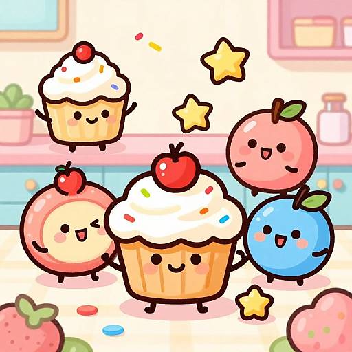 Cute digital illustration of smiling fruit-themed cupcakes with cherries, stars, and pastel kitchen background. Vibrant colors, kawaii style.