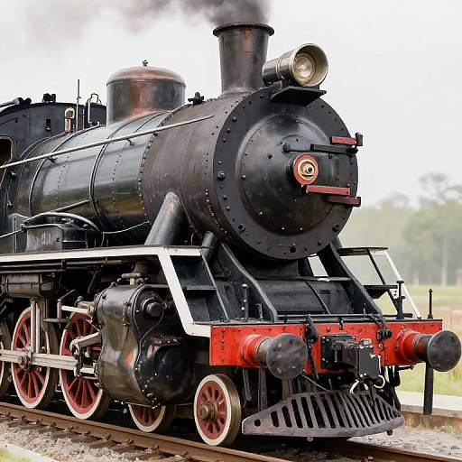 Photograph of a vintage black steam locomotive with red wheels, emitting smoke, on a railway track with a blurred green background.