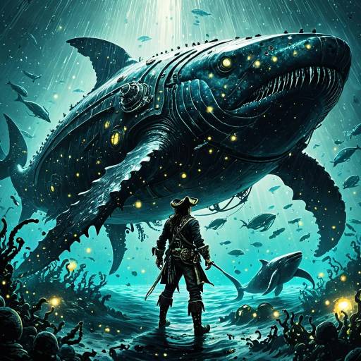 Pirate Facing Massive Bio-Mechanical Whale Underwater