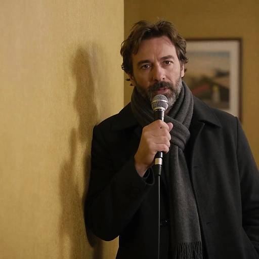 Man Speaking with Microphone Indoors