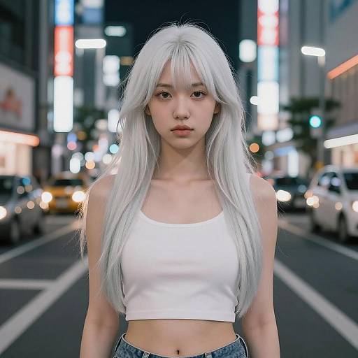 Cyberpunk Tokyo Night White-Haired Portrait