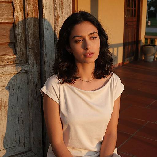 Graceful Woman on Rustic Porch at Sunset