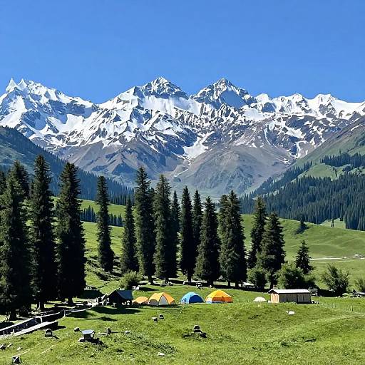 Photograph of a mountain campsite with colorful tents, surrounded by tall pine trees, and snow-capped peaks under a clear blue sky.