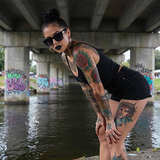 Tattooed Woman Under Concrete Bridge