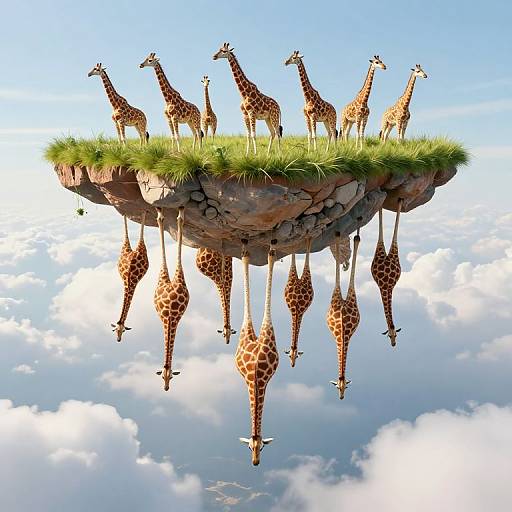 Digital artwork of a floating rock platform with grass, supporting a group of giraffes, reflected below in a cloudy sky.