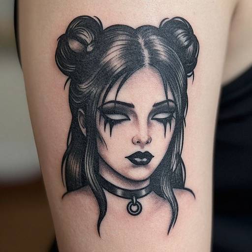 Black and gray tattoo of a woman with double buns, heavy eyeliner, nose piercing, choker, and dark lipstick on an arm.
