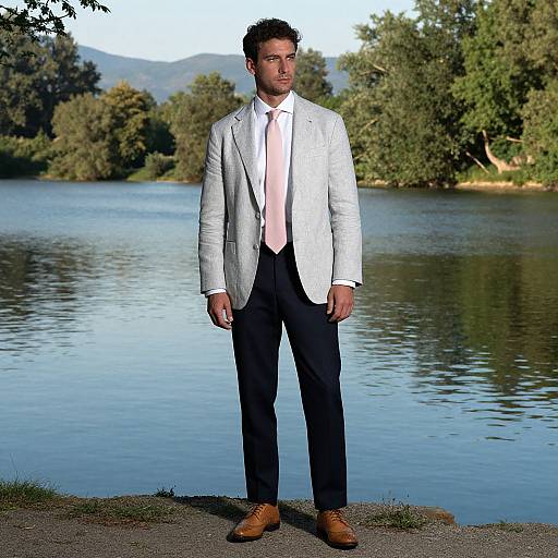 Photograph of a man with curly brown hair, wearing a white blazer, pink tie, white shirt, black pants, and brown shoes, standing