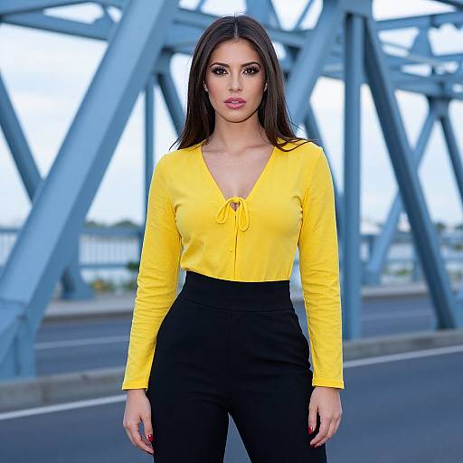 Photograph of a brunette woman with long hair, wearing a yellow long-sleeve top and black high-waisted pants, standing in front of