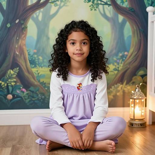 Photograph of a young girl with curly black hair, wearing a white long-sleeve top and lavender pants, sitting cross-legged on a wooden floor
