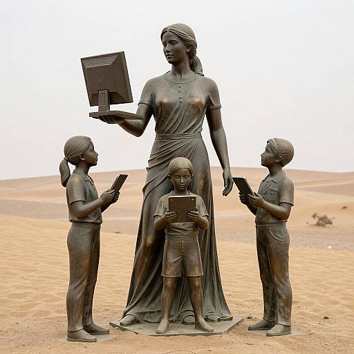Bronze statue of a woman in a dress holding a tablet, surrounded by three children with books, in a desert landscape.