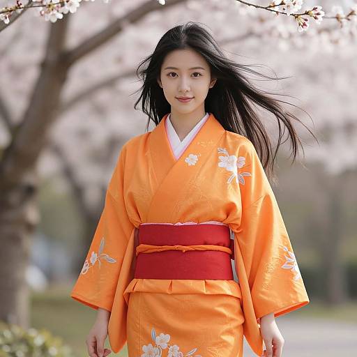 Young Woman in Orange Kimono with Cherry Blossoms