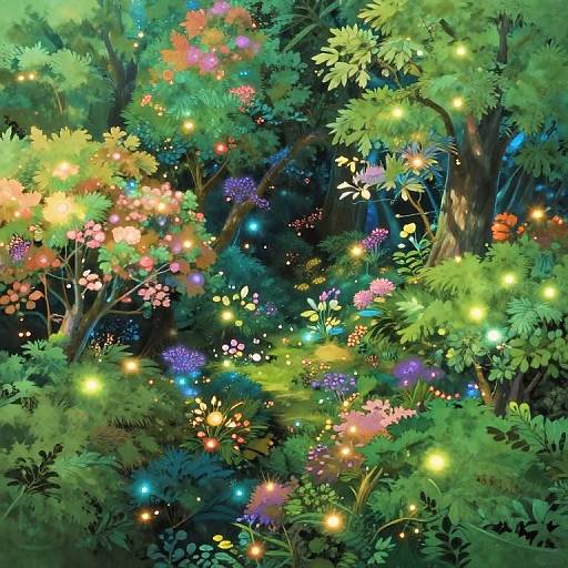 Vibrant digital painting of a magical forest with glowing fireflies, colorful flowers, and lush green foliage, illuminated by soft, multicolored lights