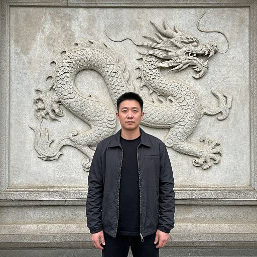 Photograph of a young Asian man with short black hair, wearing a black jacket and shirt, standing in front of a large, detailed, white stone