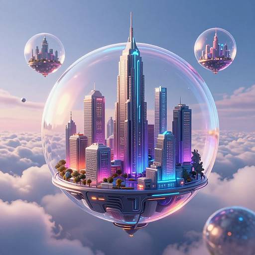 Digital illustration of a futuristic cityscape inside a glowing, transparent bubble, floating amidst clouds with smaller bubbles containing similar cityscapes in the background.