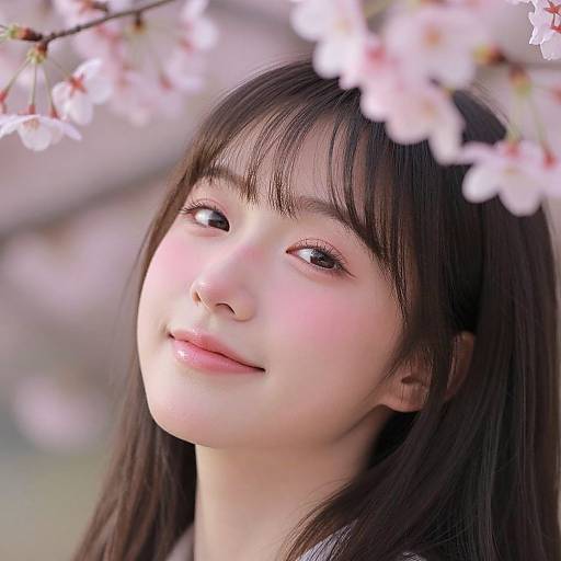 Photograph of a young Asian woman with fair skin, straight black hair, and soft pink lips, smiling gently under blooming cherry blossoms.